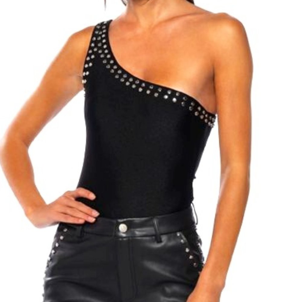 Xena Star Studded: One Shoulder Black Slinky Bodysuit M